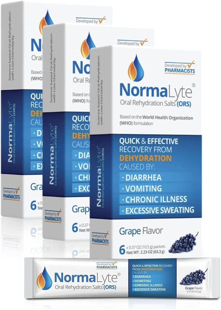 NormaLyte 구두 Rehydration 소금 18 스틱 팩 (팩 당 50ml) - Grapes| 에너지 보충제, 칼륨 보충, 탈수 복구 및 빠른 흡수