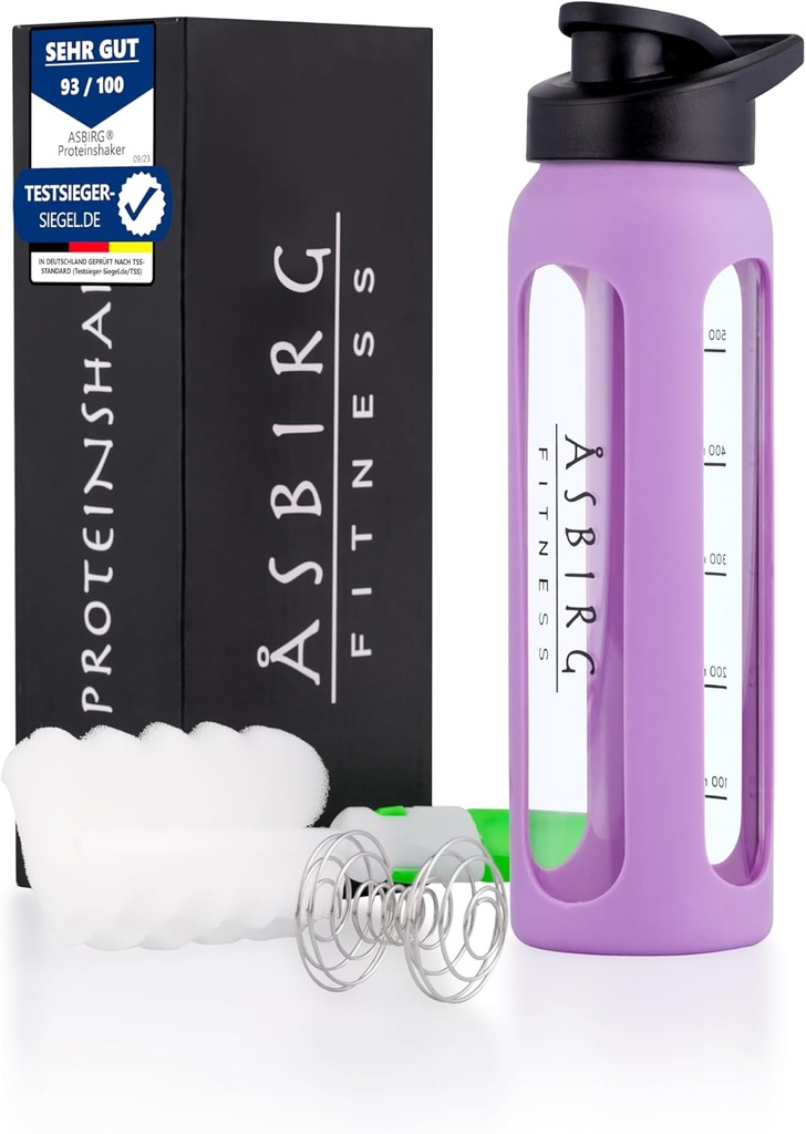 피트니스 | 24 oz Glass Protein Shaker Bottle – BPA-Free, 누설 뚜껑, 스테인레스 스틸 믹싱 볼 & 실리콘 슬리브 – 스무디, 쉐이크 및 프리 운동을위한 체육관 쉐이커 – 파스텔 퍼플