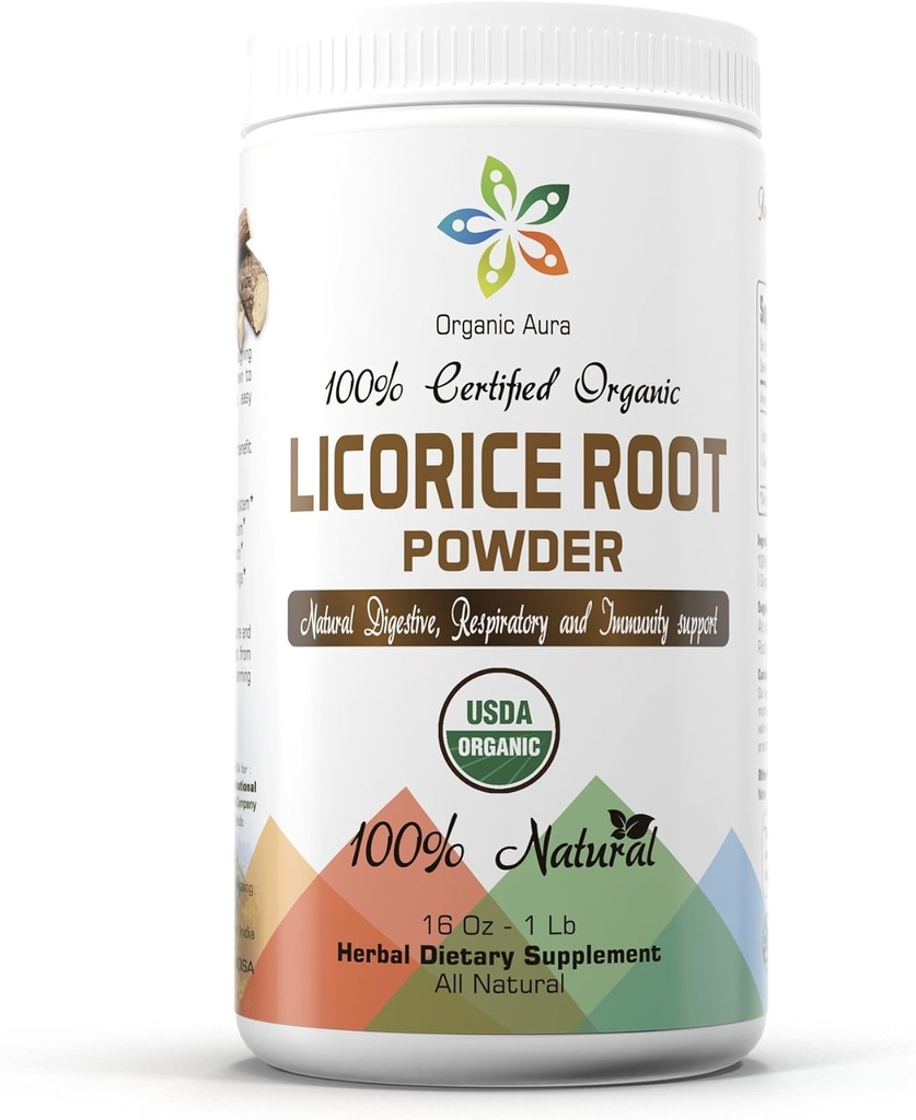 유기 Aura Licorice 뿌리 분말 16Oz -1Lb. 자연적인 소화 및 면역성이 있는 지원. 전반적인 건강을 향상시킵니다. 100% 자연적인과 익지않는 Superfood 보충교재. 아니 GMO. 글루텐 무료.