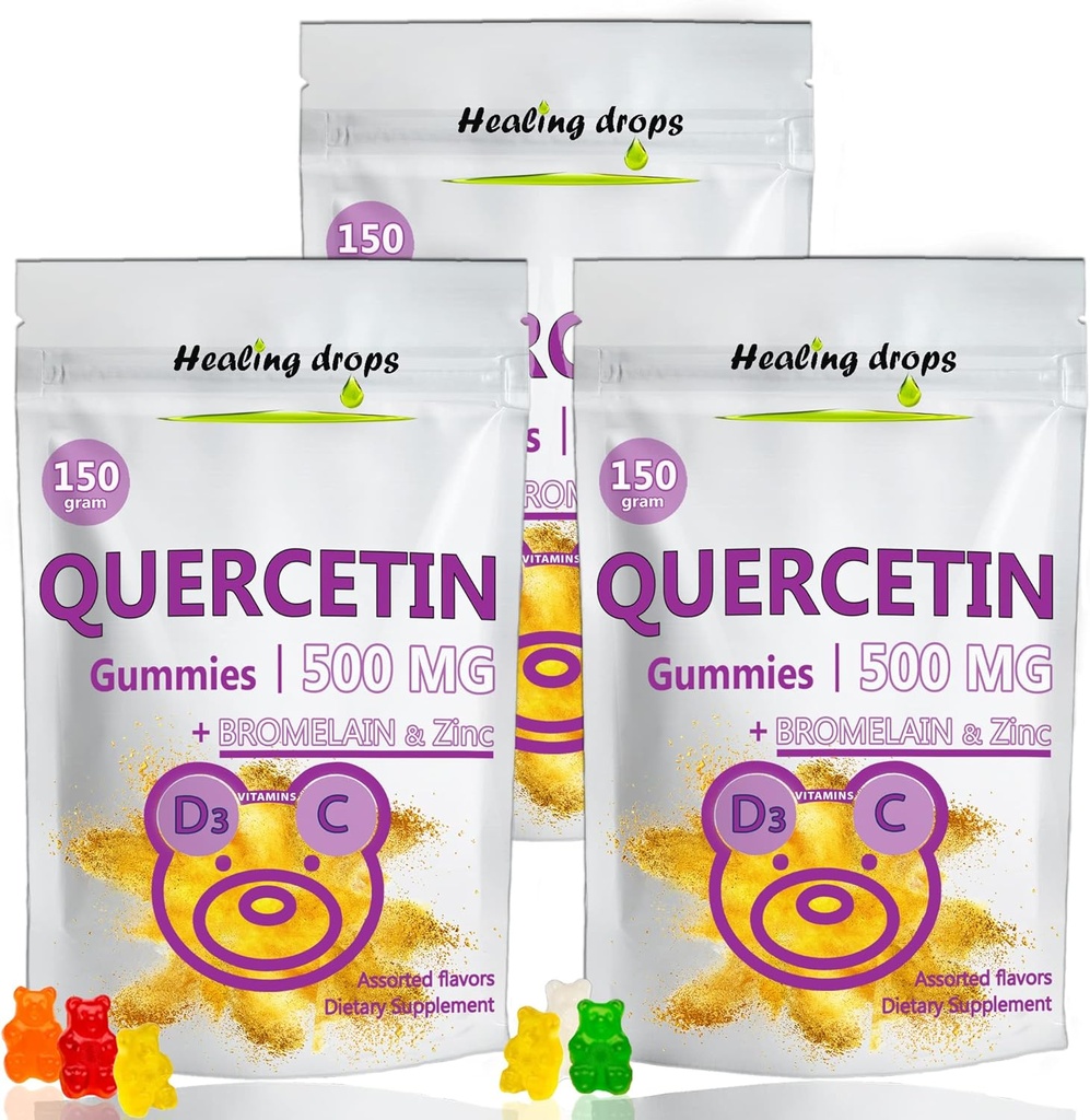 Bromelain Gummies와 Quercetin - 비타민 C + 아연 + 비타민 D3 - 어린이와 성인을위한 Quercetin 500mg Gummies (3 팩)