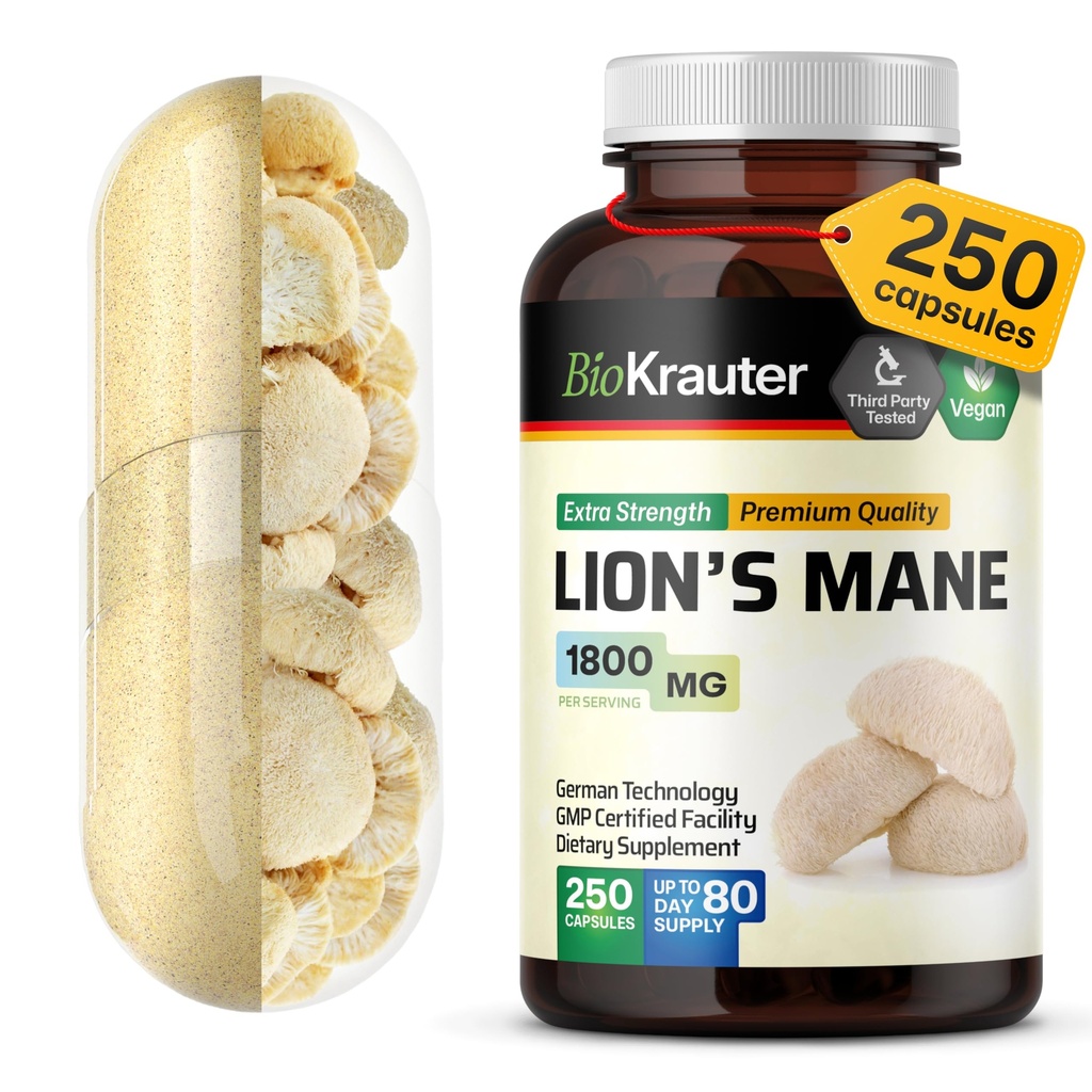 BIO KRAUTER Lions Mane 보충 캡슐 1800 mg - 250 조사 - 뇌 지원을위한 Vegan Lions Mane 분말 보충 - 3 개월 공급 - 필러 없음