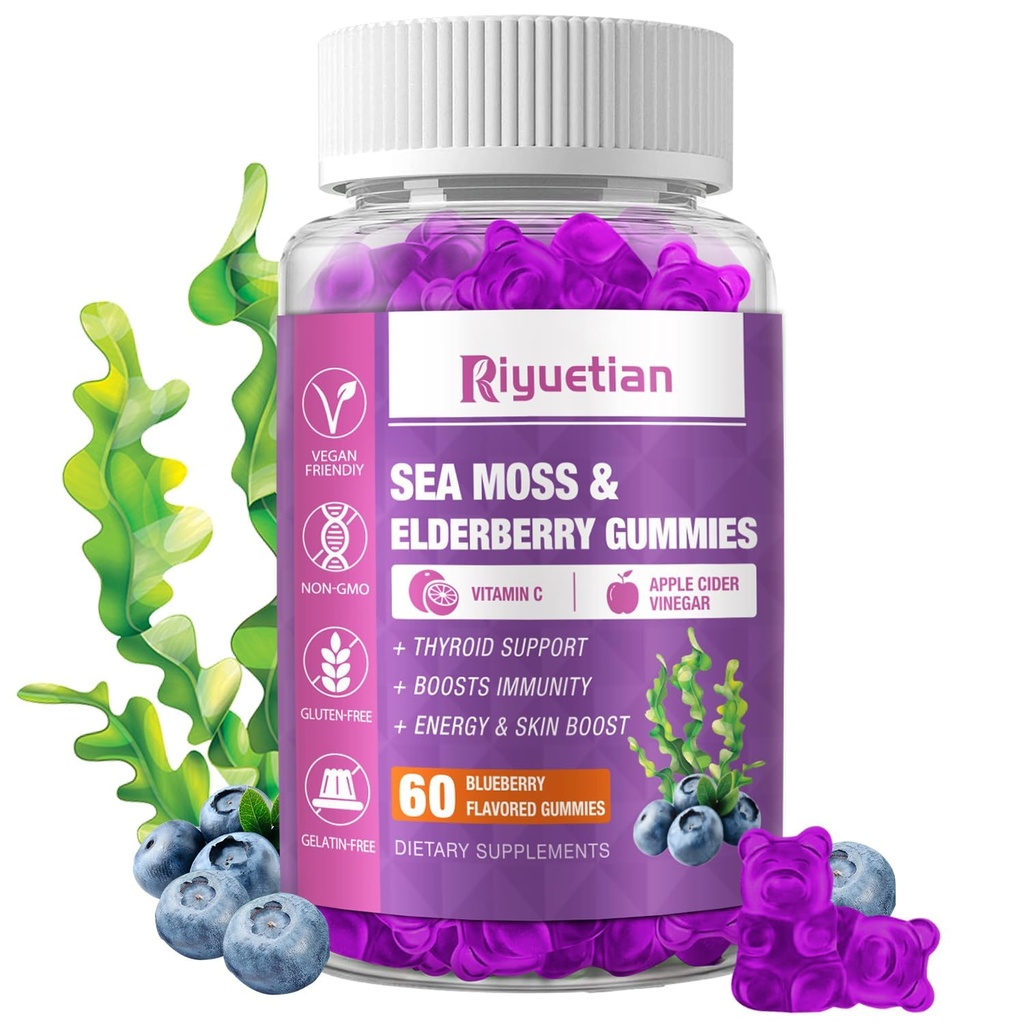 Sea Moss Gummies & Elderberry - 비타민 C + 아연 - 힘 Immune & Thyroid Support Booster Gummy Bears for Kids & Adults - 60 자연 Seamoss Gummies