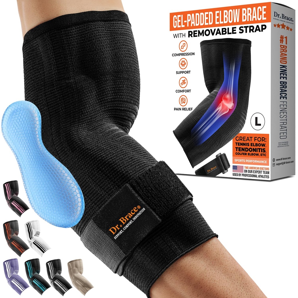 DR. BRACE® 엘리트 팔꿈치 버팀대 지원, 골프를 위한 젤 패드를 가진 Breathable 팔꿈치 압축 소매, 테니스 팔꿈치 & Tendonitis 처리 & 고통 안전 2024년 (검정, 큰)