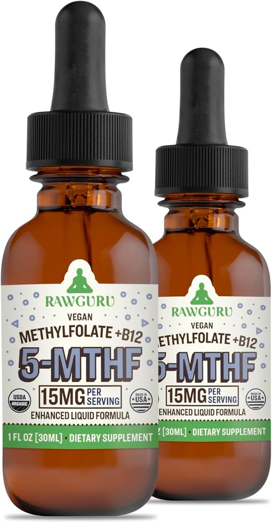 RawGuru L-Methylfolate 15 mg + 비타민 B12 - Trace 무기물과 유기 Vegan 메틸을 입힌 B12 - 나노 가공 & 강화된 액체 공식 - 30 ml, 2의 팩 당 300의 서빙 Vegan 하락