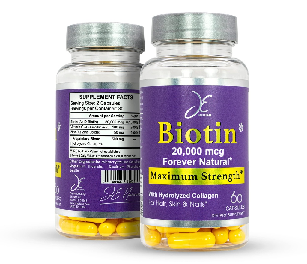 JE 자연적인 Biotin 머리 피부와 못 비타민, 비타민 C, Biotin 및 교원질은 머리가 더 빠른과 더 긴, 모든 나이를 위해, Biotin 20000mcg 최대 힘의 60의 캡슐을 성장합니다.
