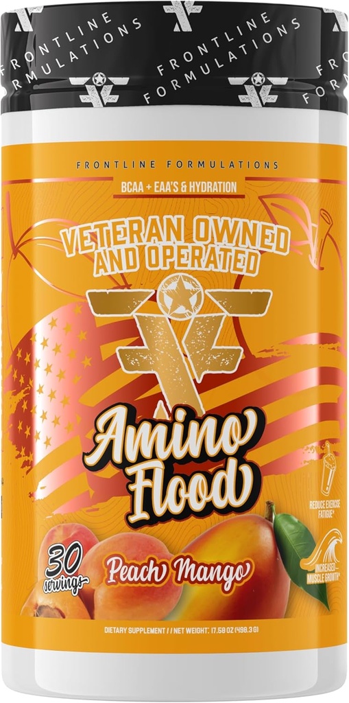 Amino Flood from Frontline Formulation - BCAA + EAA Recovery & Hydration Formula - 근육 지원, 전해질 및 내구시간 - 인트라 및 포스트 운동 복숭아 망고를위한 아미노산 보충