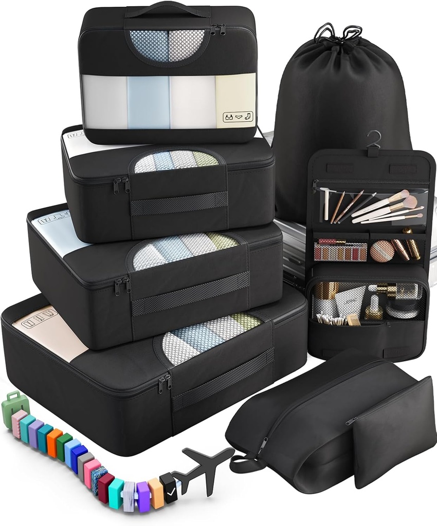 Veken 10 Set/8 Set Packing Cubes for Travel Essentials, Suitcase 주최자는 4 크기, 대형 세탁 및 세면 용품 가방이있는 휴대 수하물 액세서리, 비행기, 도로 여행 및 캠핑을위한 필수품
