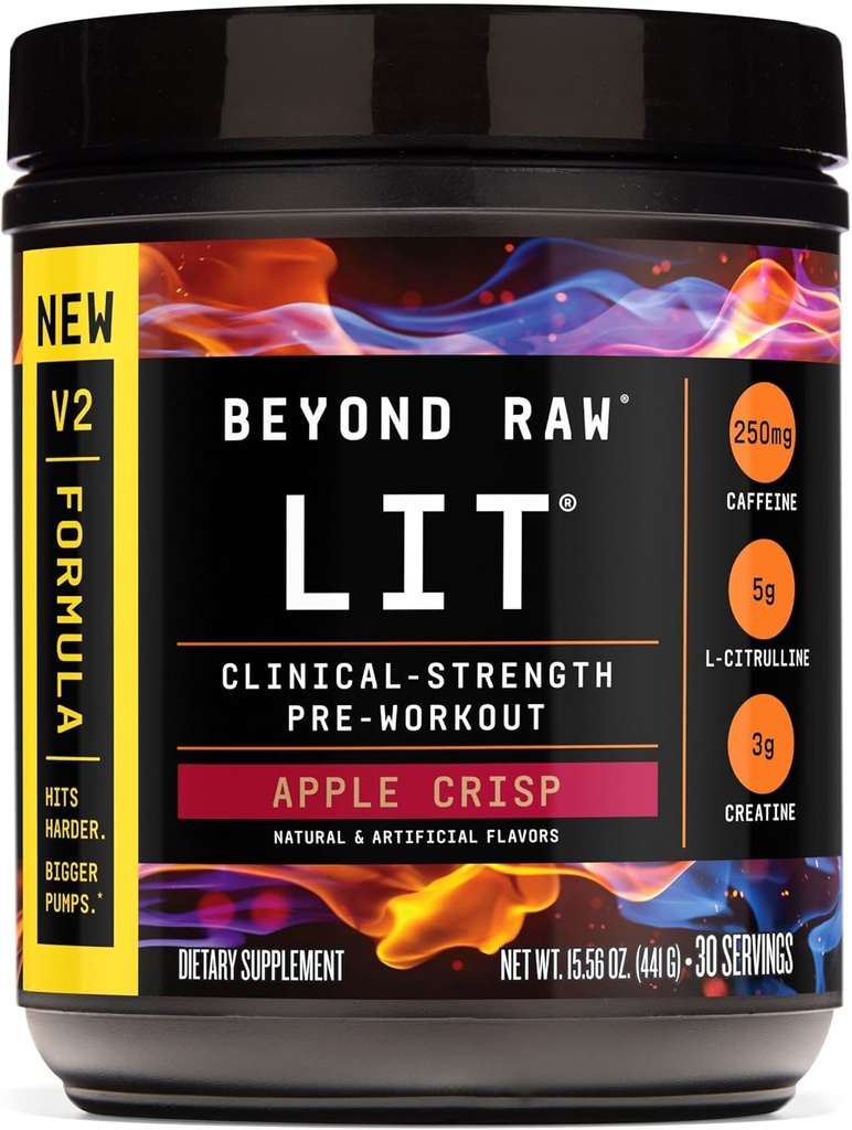BEYOND RAW LIT V2 임상 강도 사전 운동 분말, 히트 Harder, 더 큰 펌프, 카페인, L-Citrulline, Creatine, Apple Crisp, 30 서빙