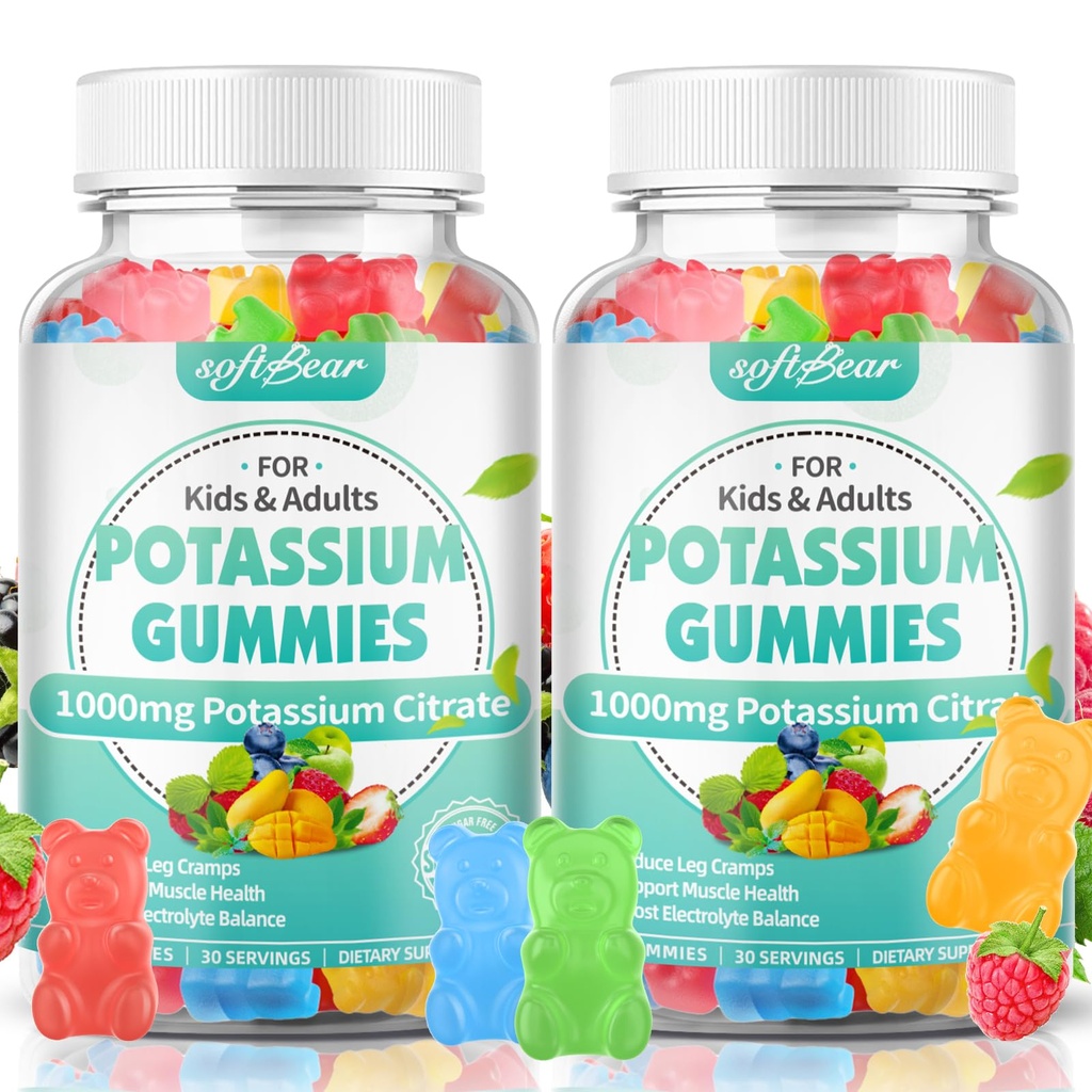 softbear 칼륨 구연산염 Gummies, 높은 Potency 칼륨 구연산염 1000mg는 성인 & 아이를 위한 다리 Cramps & 근육 건강 칼륨 Gummies를 혼합 과일 풍미 120 조사 지원합니다