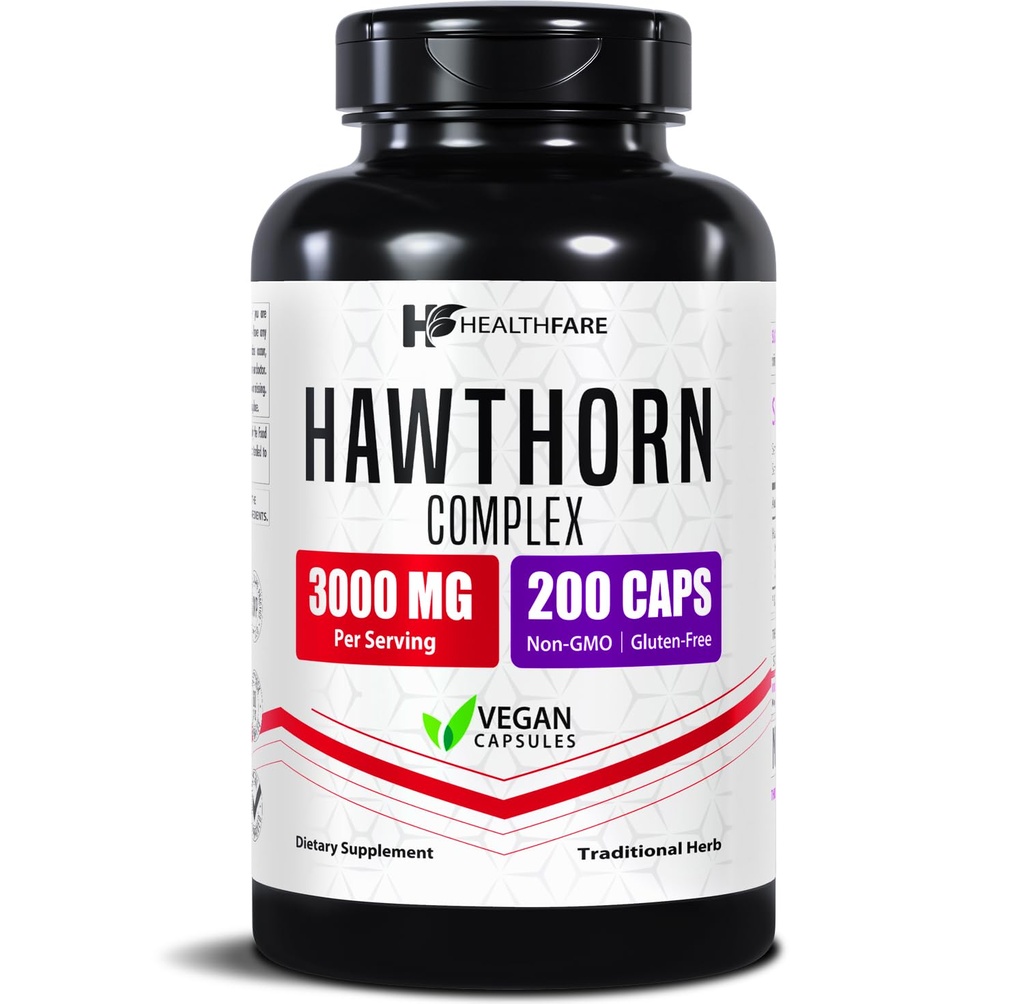 Healthfare Hawthorn Berry Supplement Extract 3000mg | Extra Strength Herbal Formula | 200 Vegan 캡슐 | 하트 및 순환 건강 지원 | 비 GMO, 글루텐 프리 | 미국