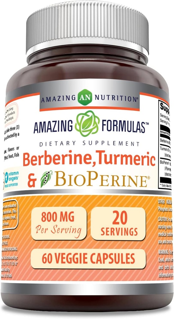 Amazing Formulas Berberine Turmeric & Bioperine 800mg Per 서빙 60 Veggie 캡슐 보충 | 비 GMO | 글루텐 프리 | 미국에서 제작 | 채식주의