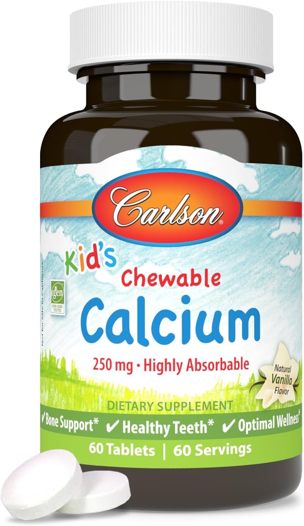 Carlson - Kid의 Chewable 칼슘, 250 mg, 높게 흡수성, 뼈 & 치아 지원, Optimal Wellness, 자연적인 바닐라 풍미, 60 정제