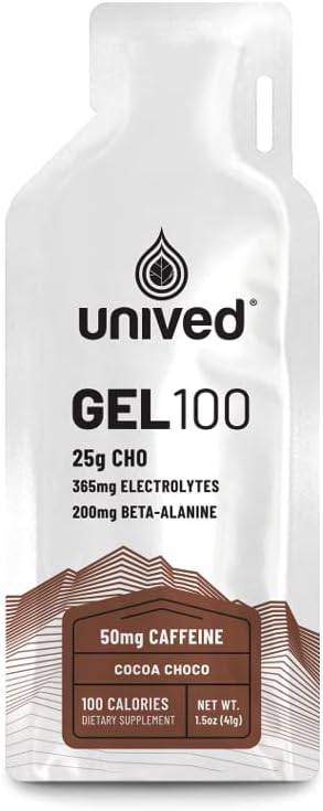 Unived Gel 100 - Endurance Athletes Runners & Cyclists를위한 Vegan 에너지 젤 - 100kcal - Cocoa Choco - 50mg 카페인 - 팩 6
