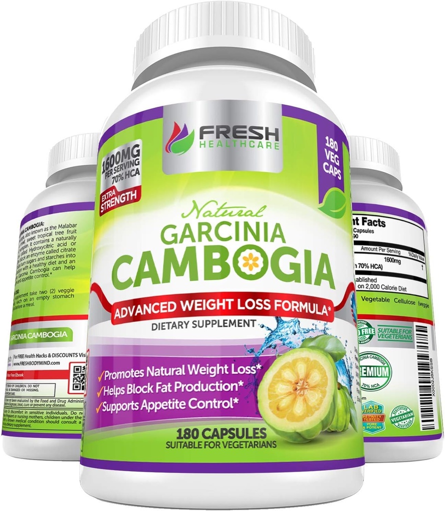 FRESH HEALTHCARE 100 % 순수 Garcinia Cambogia 추출물 - 모든 자연 식욕 억제제 및 무게 관리 지원 - 180 캡슐
