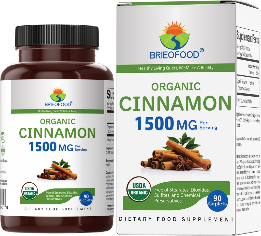 Brieofood 유기 계피 1500mg, 45 서빙, 채식, 글루텐 무료, 90 채식 정제