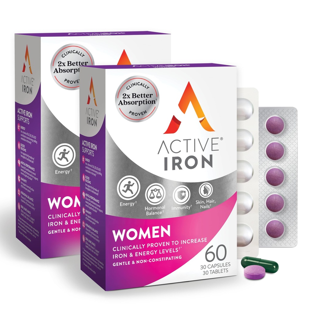 Active Iron Supplement 25mg + Multivitamin for Women – 에너지 및 감소 타이어를 증가시키기 위해 임상적으로 입증 된 – Gentle, Non-Constipating Iron + Women’s Multivitamin – 60 캡슐 + 60 정제