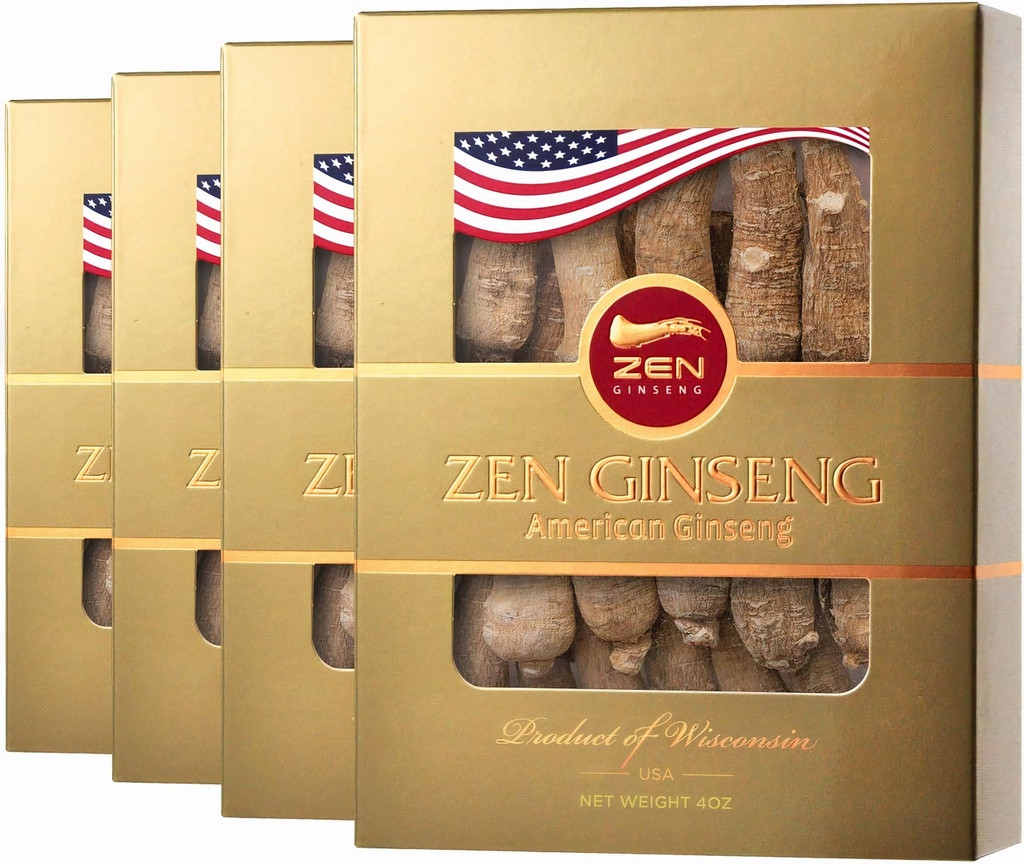 4 박스 미국 인삼 뿌리 — 슈퍼 롱 점보 Wisconsin Ginseng (4oz/Box) 남성 및 여성을위한 성능 및 정신 건강