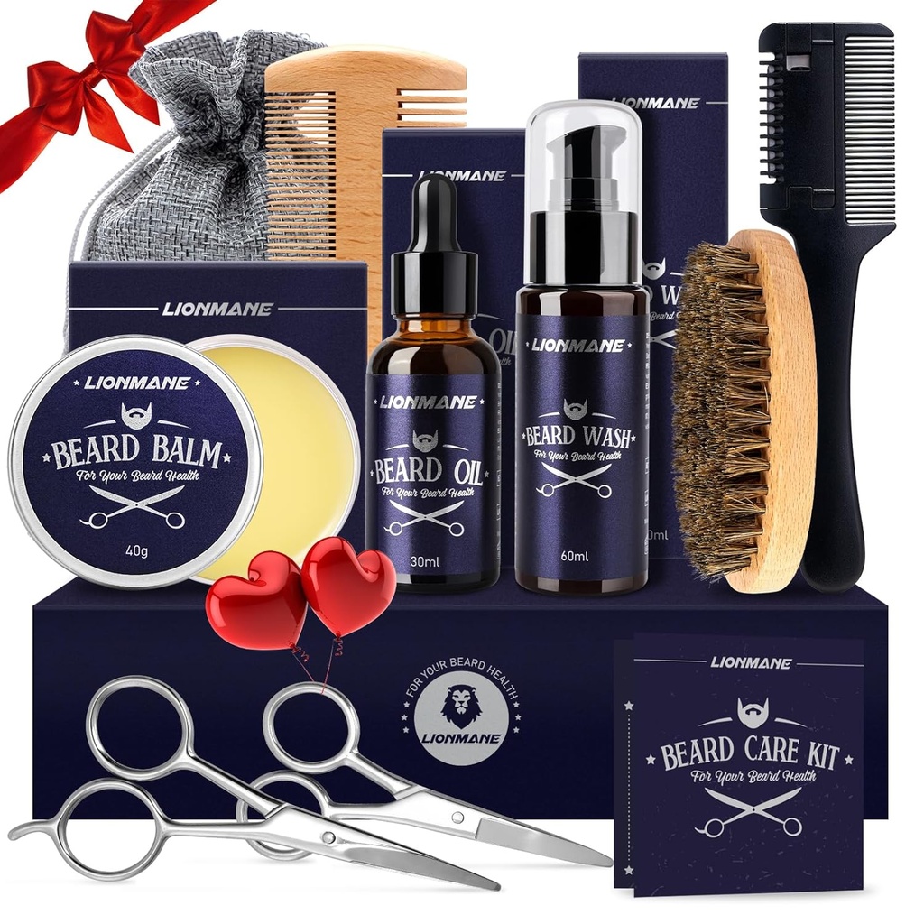 Lionmane Beard Care Christmas Gifts Kit for Men, Beard Mustache Grooming Kit-Beard Balm, Beard Wash, Beard Oil, Brush, Scissors, 남편/Boyfriend/Dad/Him을 위한 생일 축하 선물