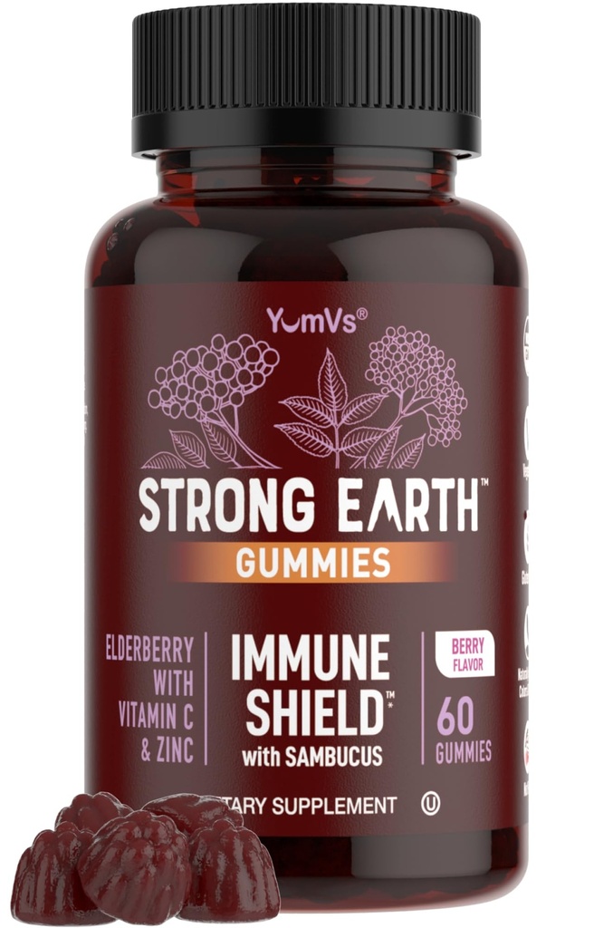 강한 지구 Elderberry Gummies – 비타민 C & 아연과 Sambucus Elderberry Immune 지원 – 검은 Elderberry Gummies, Berry 맛, 비 GMO, 글루텐 무료, Kosher – 60 카운트