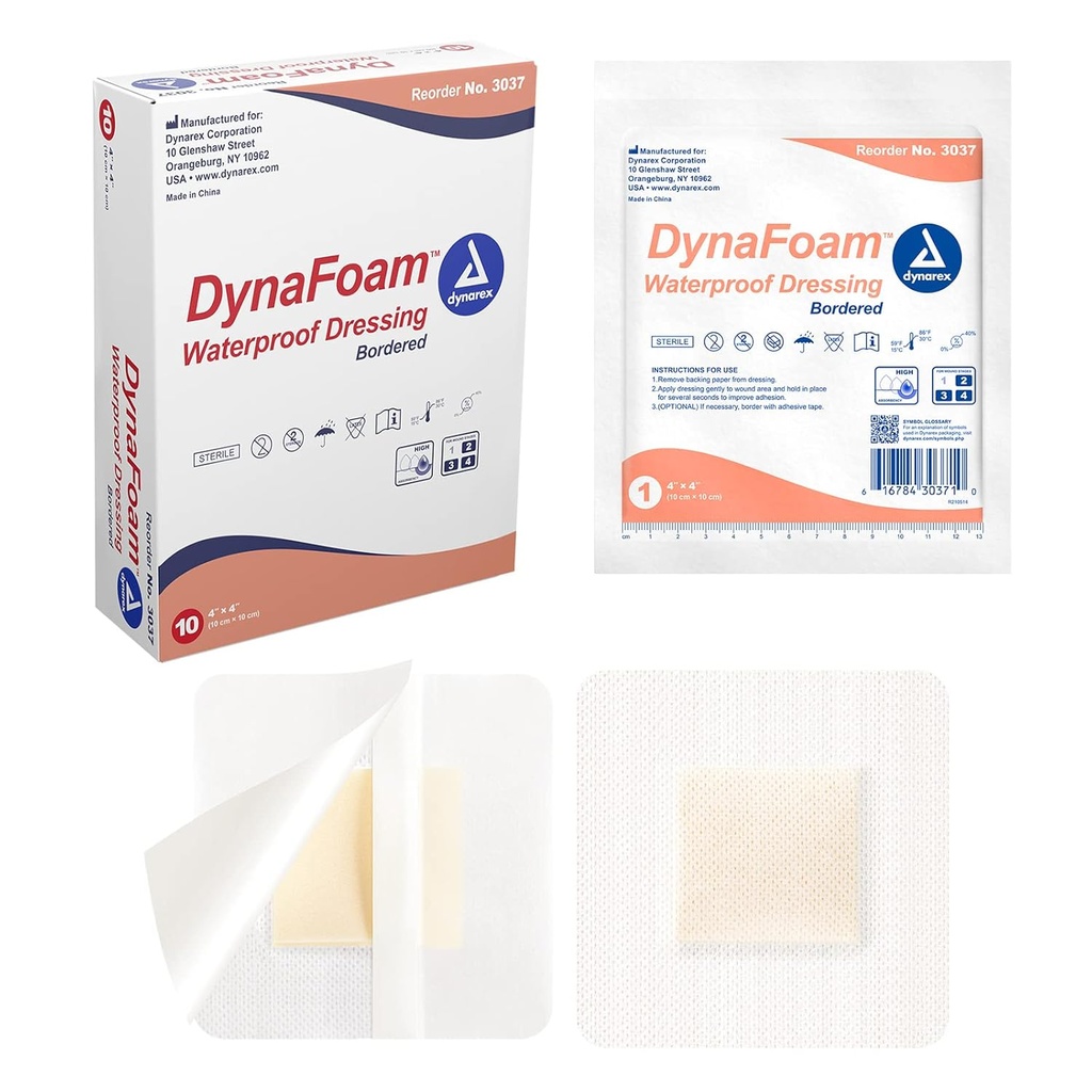 Dynarex Dynafoam 방수 국경 접착제 거품 부상 드레싱 붕대, 4" x 4", 10 조사
