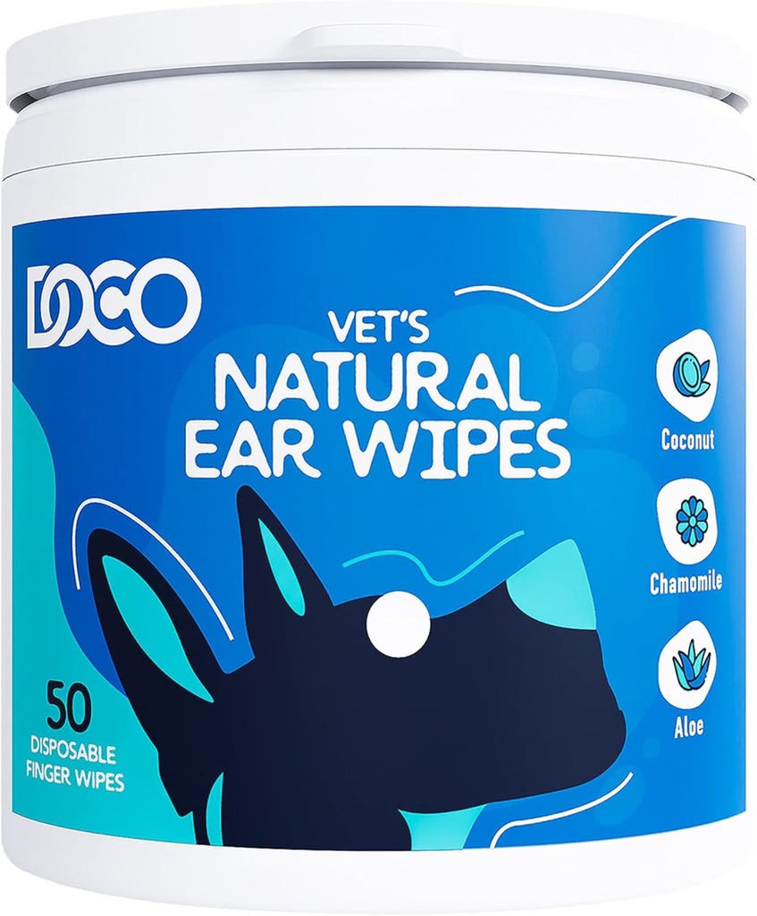 DOCO Dog Ear Cleaner Wipes Dogs & Cats Eucalyptus, Chamomile & Aloe Cat Ear Cleaner Soothes, Deodorizes & 도움말 Itchy Ears (50 개)