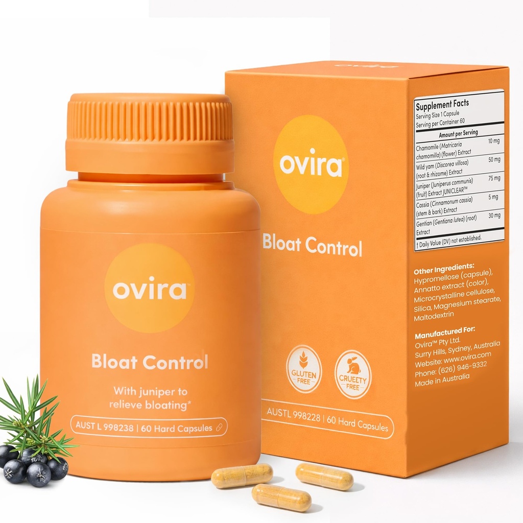 Ovira Bloat Control Supplement with JUNICLEAR - 60 가스 및 Bloating Relief 용 캡슐 | 여성 및 남성용 효과적인 탈피 | 물 보유 및 소화 건강 촉진 - 팩 1
