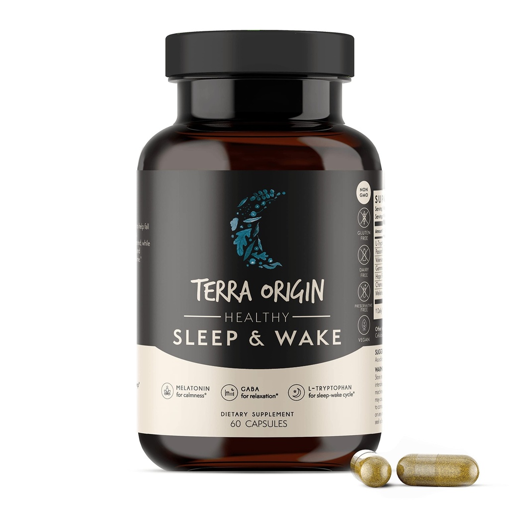 TERRA ORIGIN 건강한 수면 & 웨이크 | 성인용 자연적인 수면 보조 보충교재 | 시련과 Awake 새로 고침 | GABA, L-Tryptophan, Melatonin, Chamomile, Valerian, PassionFlower | 60 캡슐