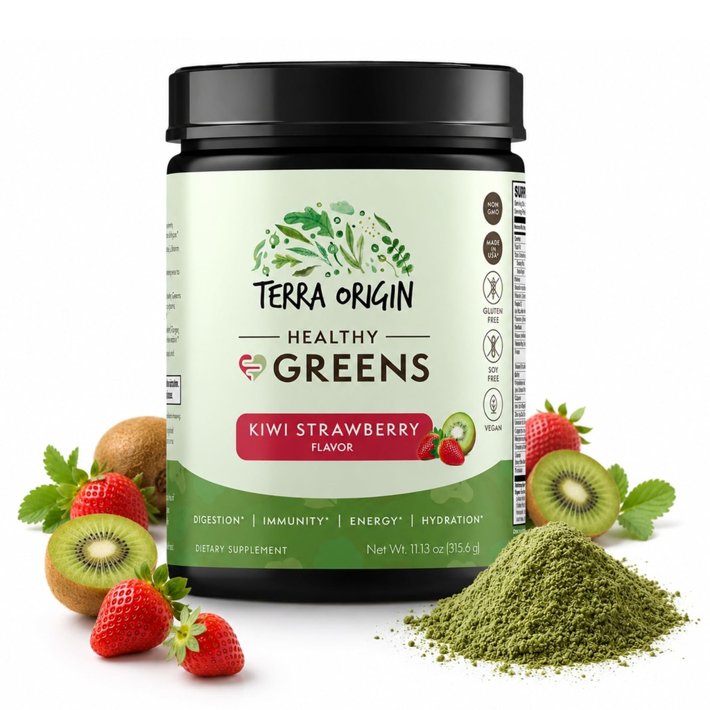 TERRA ORIGIN 건강한 녹색 분말 혼합 | Superfoods, Probiotics, Enzymes, Spirulina | Immune & Digestive Gut Health Support | 에너지 및 웰빙 부스트 | 30 인분 (Kiwi Strawberry)