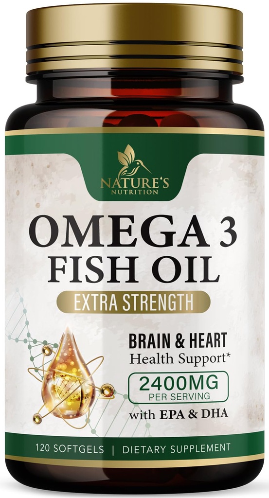 오메가 3 물고기 기름은 2400 mg를 보충합니다 - 3배 힘 Omega3 - 정유 지방산을 가진 EPA & DHA - 자연적인 면역성, 뇌 & 심장 건강 지원 - Burpless, 레몬 풍미, 야생 잡초 - 120 Softgels