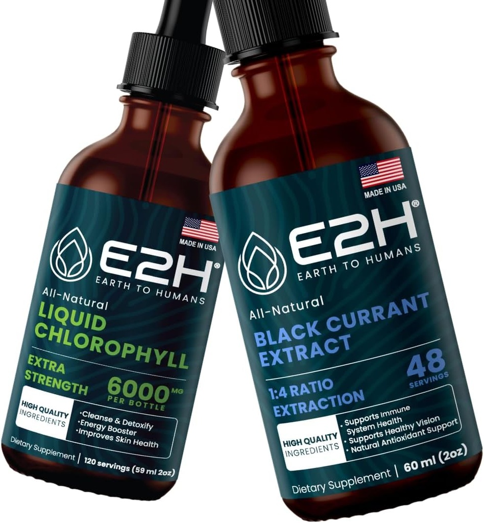 E2H : 액체 클로로필 및 천연 블랙 커런트 추출물 | Vegan, Non-GMO - 2 Fl Oz 각 (4 Fl Oz 합계) - 번들
