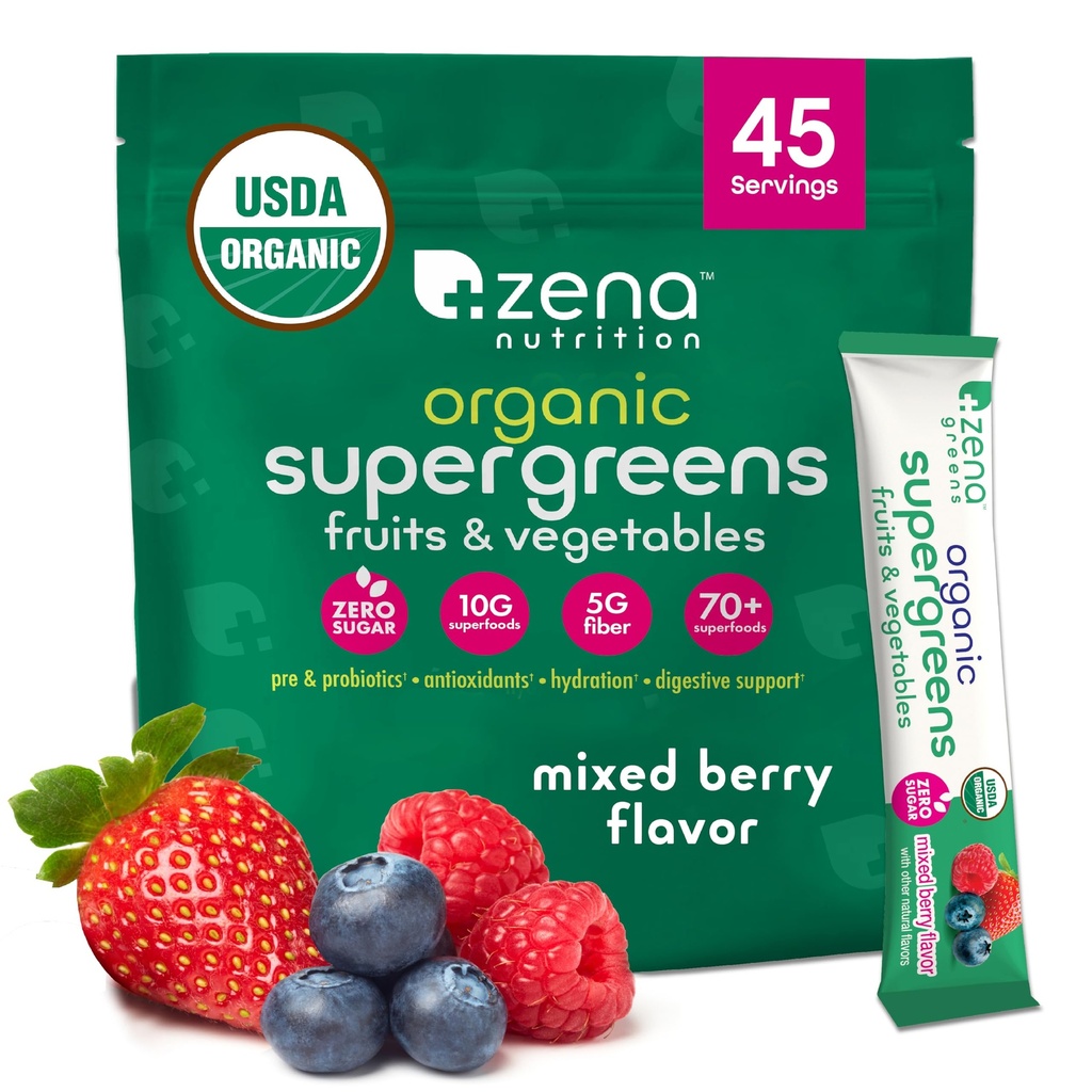 Zena 영양 유기 슈퍼 그린 분말, 70 + Superfoods, 0 설탕, 5G 섬유, Spirulina, Chlorella, 산화 방지제, Prebiotics/Probiotics, 소화 효소, 혼합 Berry, 45 음료 혼합 패킷