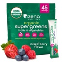 Zena 영양 유기 슈퍼 그린 분말, 70 + Superfoods, 0 설탕, 5G 섬유, Spirulina, Chlorella, 산화 방지제, Prebiotics/Probiotics, 소화 효소, 혼합 Berry, 45 음료 혼합 패킷