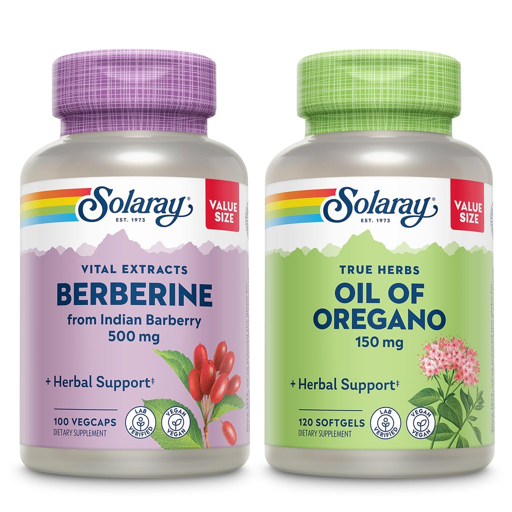 Oregano 번들의 SOLARAY Berberine 및 오일 - 강력한 웰빙 지원을위한 인디언 Barberry Plus Oregano 오일 보충 - 100 VegCaps / 120 Softgels