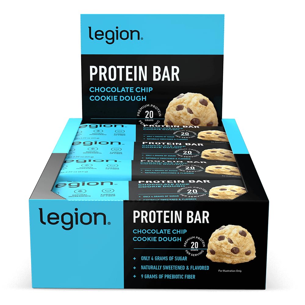 Legion Chocolate Chip Cookie Dough Protein Bar - 100 % Whey Protein Bar Prebiotic Fiber가있는 낮은 설탕 고단백 - Soy-Free, Gluten Free, Naturally flavored, 저지방, 고단백 바 (12 개)
