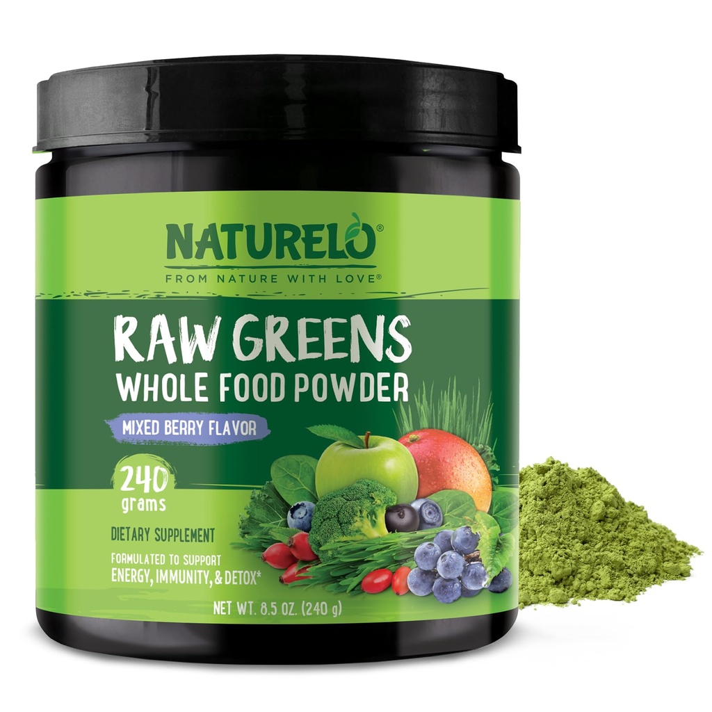NATURELO 익지않는 녹색 Superfood 분말 240 그램, 혼합 베리 - 지원 에너지, 면제 및 해독 - 전체적인 음식 영양을 위한 Spirulina, Wheat 잔디 및 유기 녹색을 포함합니다