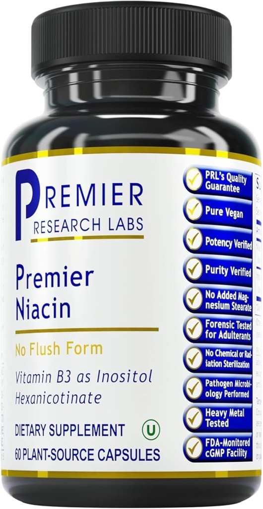 프리미어 연구소 Niacin - Inositol Hexanicotinate, Niacin No Flush, B3 Niacinamide 비타민 보충 지원 - 60 채식 캡슐