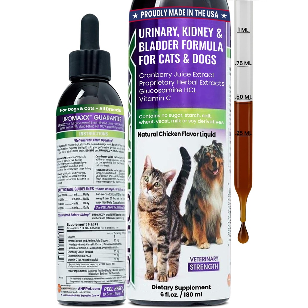 Cat & Dog Urinary Tract treatment, Bladder & Kidney Support for Dogs and Cat, Liquid Cranberry & Glucosamine, 치킨 맛, 6 oz Bottle, 1 Pack과 강력한 Yet Gentle Pet Care