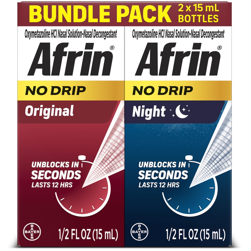 Afrin No Drip Original + Night Nasal Mist 번들 팩, Non-Drowsy, Nasal Congestion 및 Sinus 압력 구호, 성인 및 어린이 6 및 이전, .5 fl oz (팩 2)