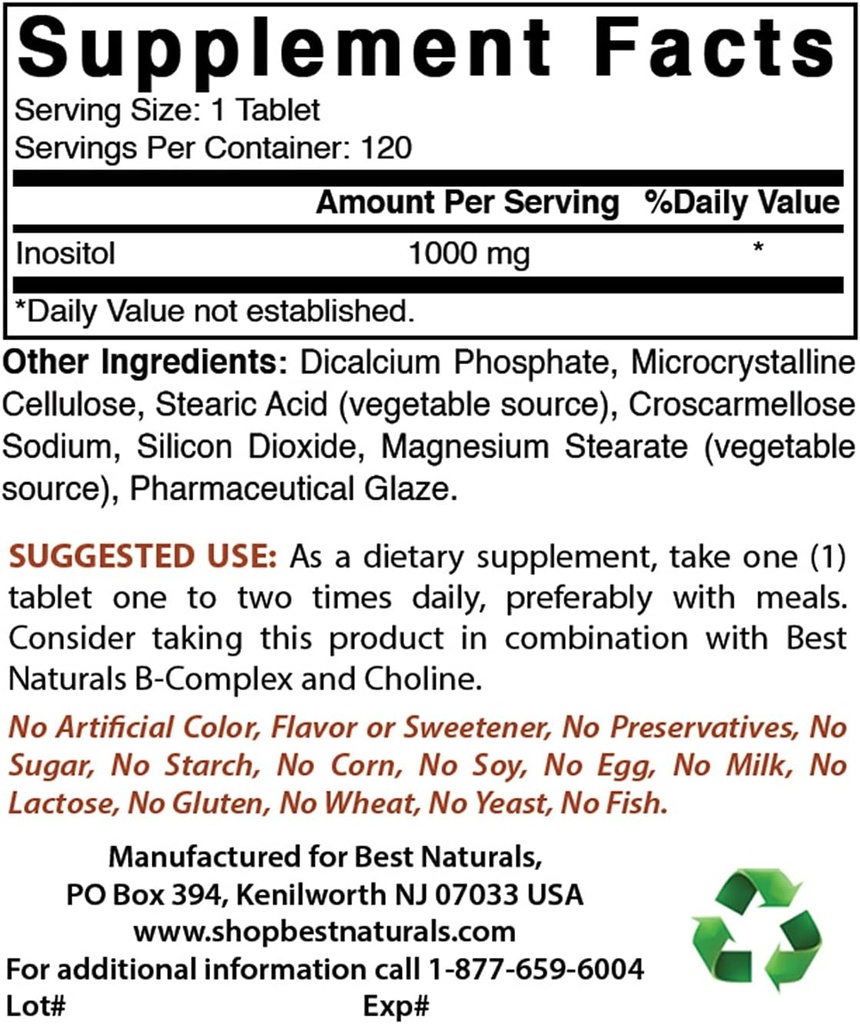 제일 자연적인 Inositol 1000mg & 글리신 보충교재 1000 Mg