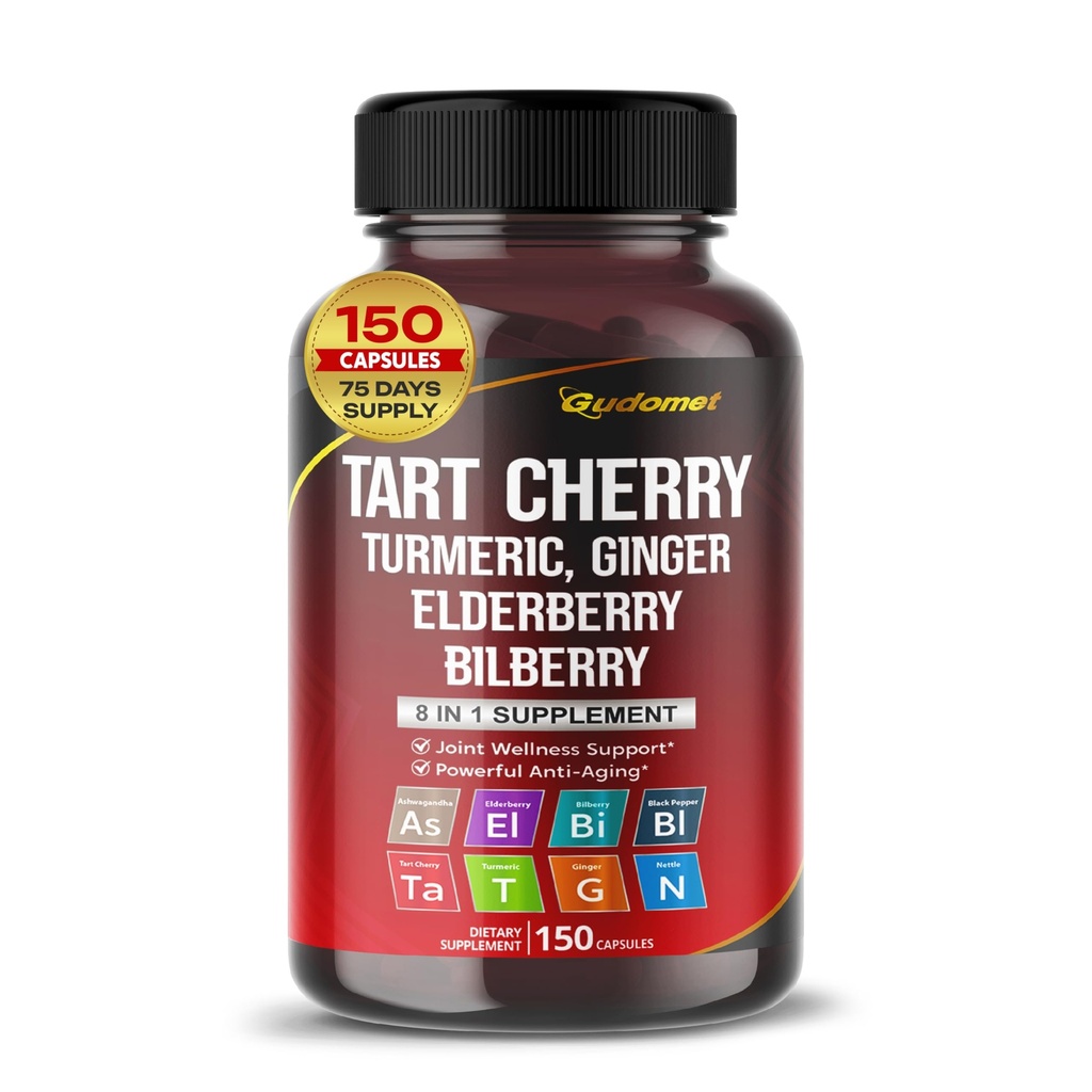 Tart Cherry Turmeric Ginger Stinging Ashwagandha Elderberry Bilberry Black Pepper -150 캡슐 - 미국에서 제조