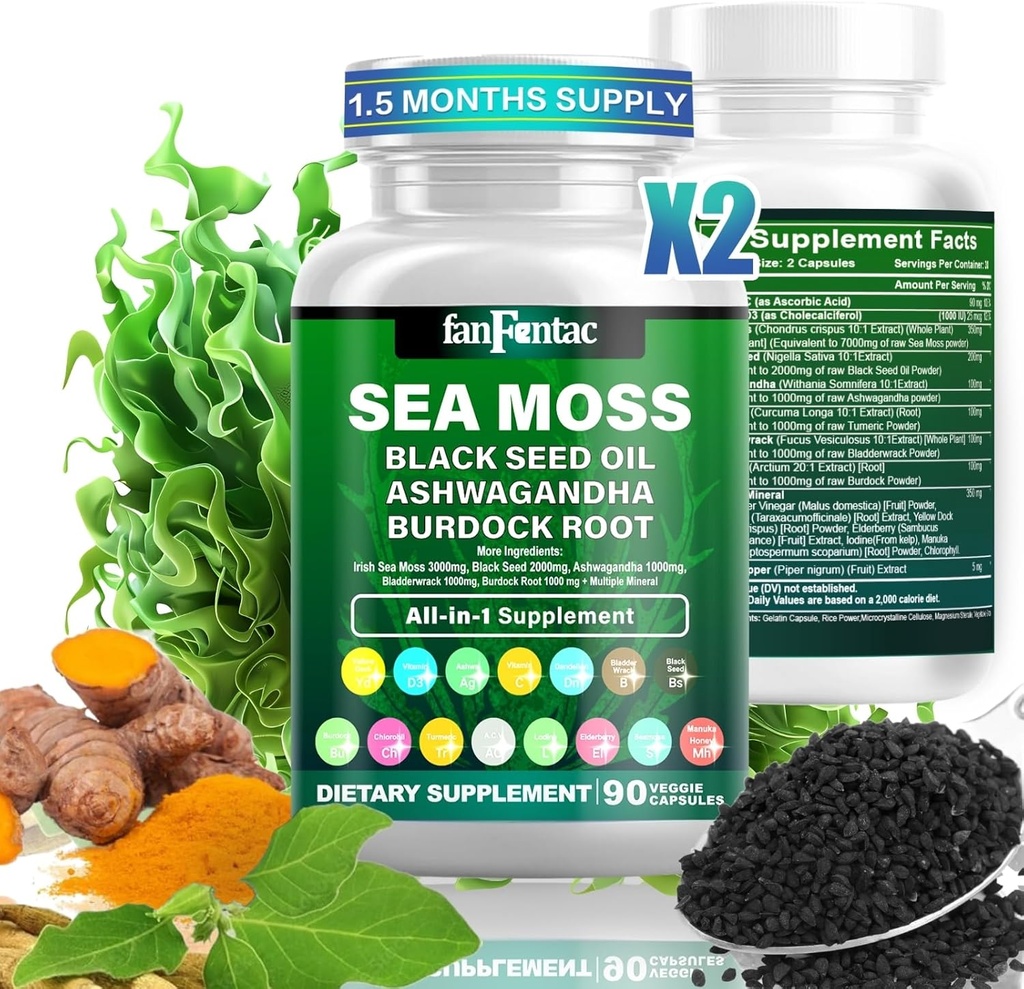 바다 모스 7000mg - 블랙 씨 오일 2000mg - Ashwagandha 1000mg - Bladderwrack 1000mg - Turmeric 1000mg - Burdock 1000mg - 비타민 C 90mg - 비타민 D3 1000IU - 여러 미네랄 350mg - 180 캡슐