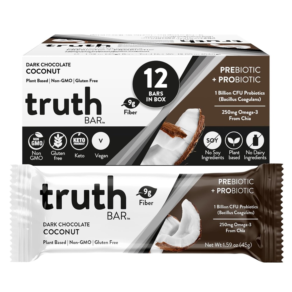 Truth Bar 건강한 식사, Chia, Plant based, Prebiotics & Probiotics, 높은 섬유, 낮은 설탕, Keto, Kosher, Dark Chocolate, Vegan, Gluten Free, 12 Ct, 45g ea.