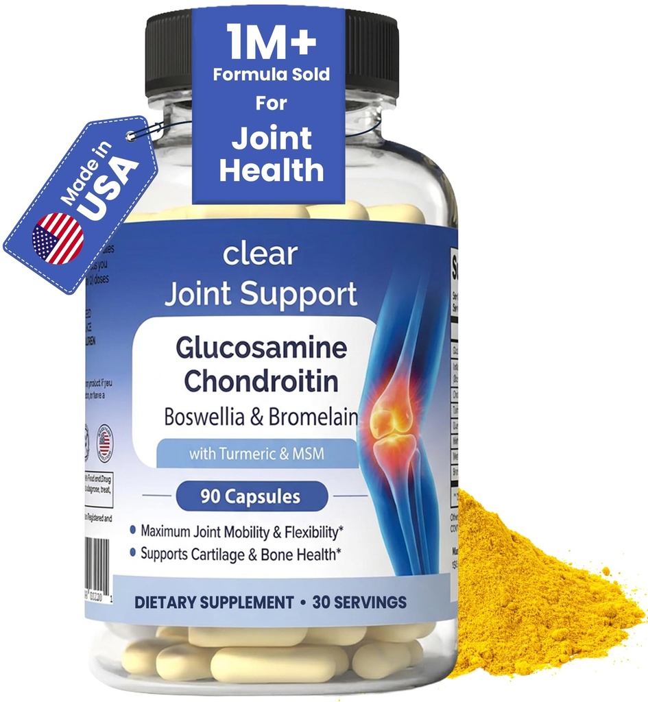 Glucosamine Chondroitin MSM with Turmeric & Boswellia 90 캡슐 | Flexibility & Mobility를 위한 8에서 1 합동 지원 보충교재 | 남자 & 여자를 위한 합동 보충교재 – 지원 뒤, 무릎, 엉덩이 & 합동