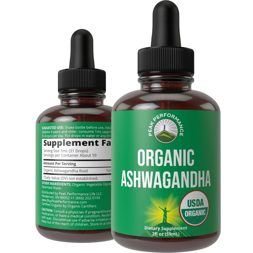 Ashwagandha 액체 하락. USDA 유기 채식주의자 보충교재. 여자를 위한 여분 힘 Ashwagandha 뿌리 추출물, 남자, 아이. Adaptogens로. Zero Sugar, 유기, 글루텐 무료 색소 보충제.
