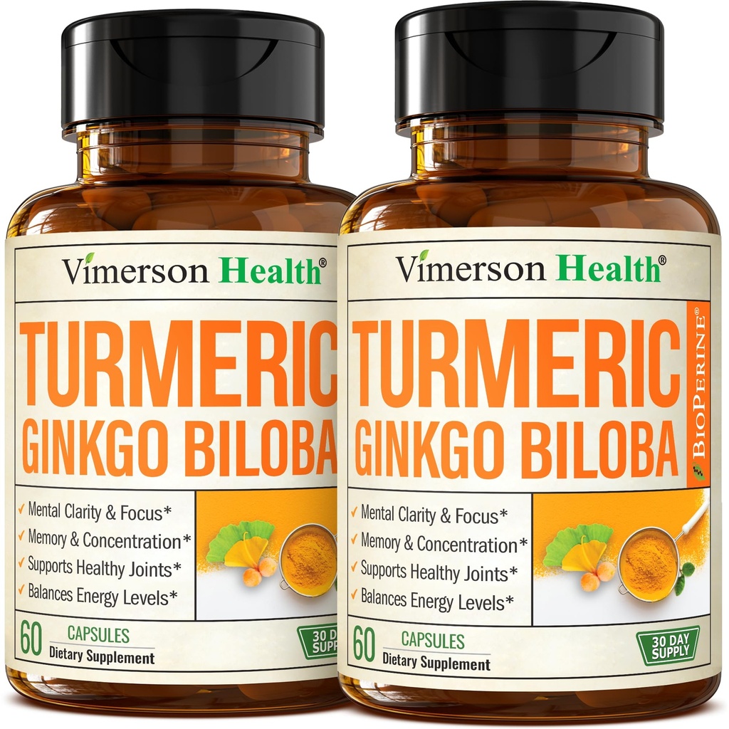 Ginkgo Biloba 및 Turmeric Curcumin 보충교재 w/Black Pepper & 유기 Tumeric – 초점, 기억, 합동 & 뇌 건강을 위한 자연적인 심황 보충교재 – Vegan Ginko Biloba 캡슐 w/Curcuma – 2 팩