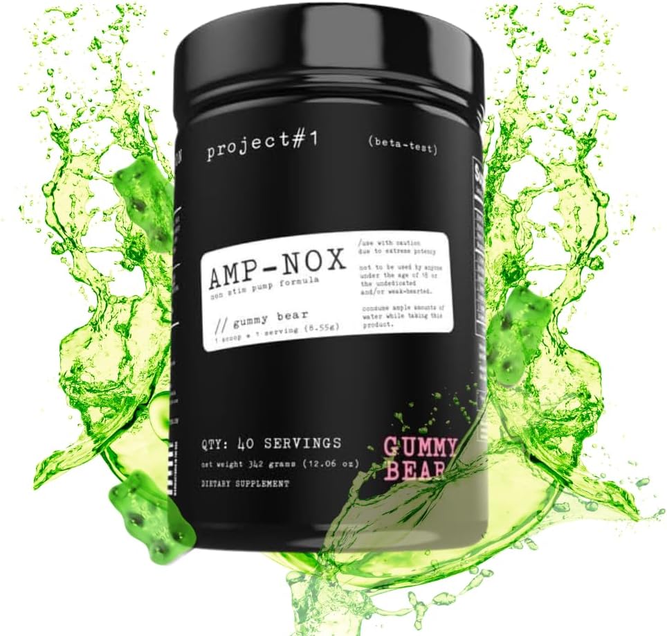 프로젝트 #1 AMP-NOX: Non-Stim Pre Workout Powder - Boost Focus, Pump, & Energy - Caffeine 무료 Protein Drink with Amino Acids for Men & Women - Gummy Bear flavor - 40 서빙