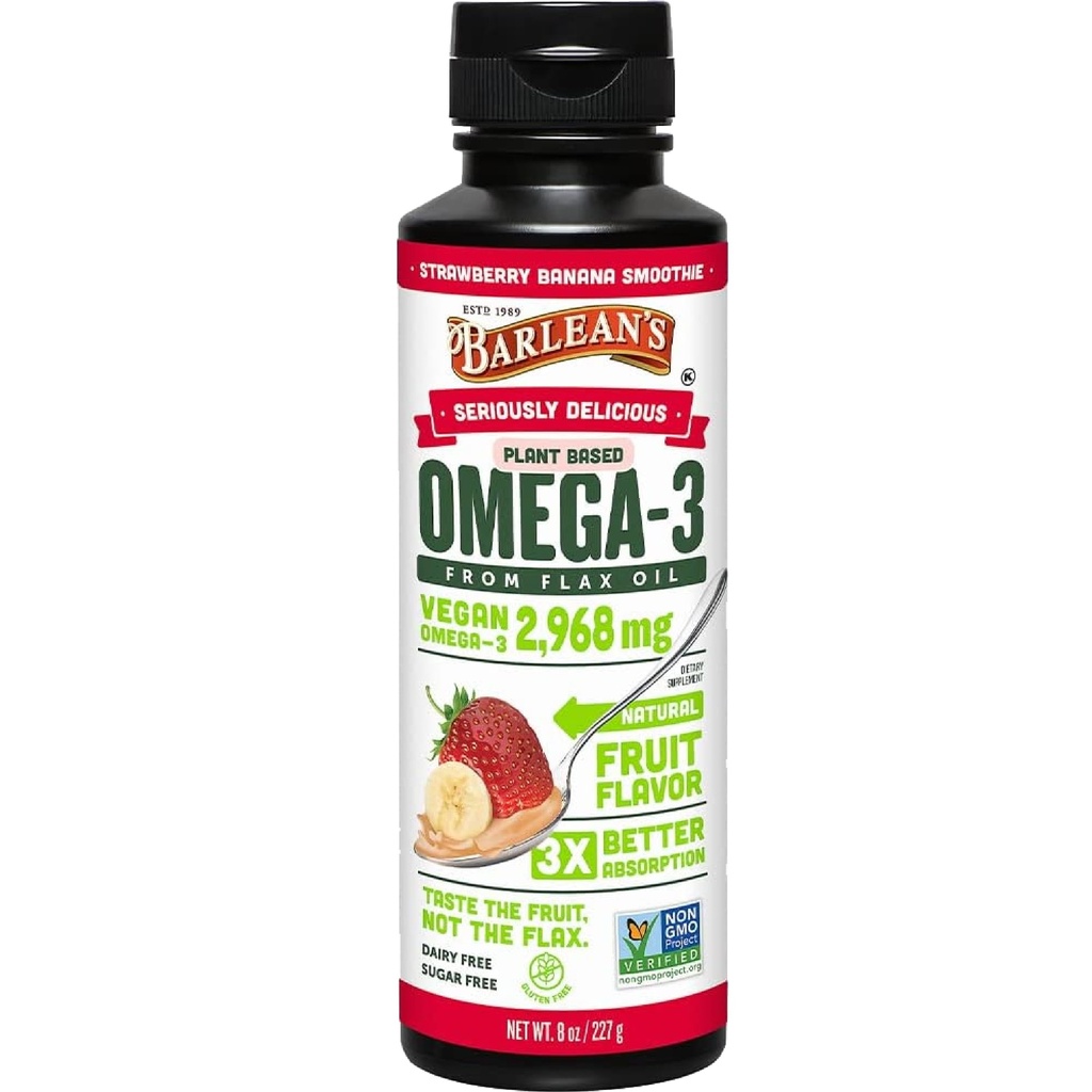Barlean 's Strawberry Banana Flaxseed Oil Liquid, Vegan Omega 3 6 9는 2,968mg의 Vegan Omegas, Non-GMO & Gluten Free, 8 oz를 가진 찬 압박된 Flax씨 기름에서 아이 & 성인을 위한 보충 교재입니다