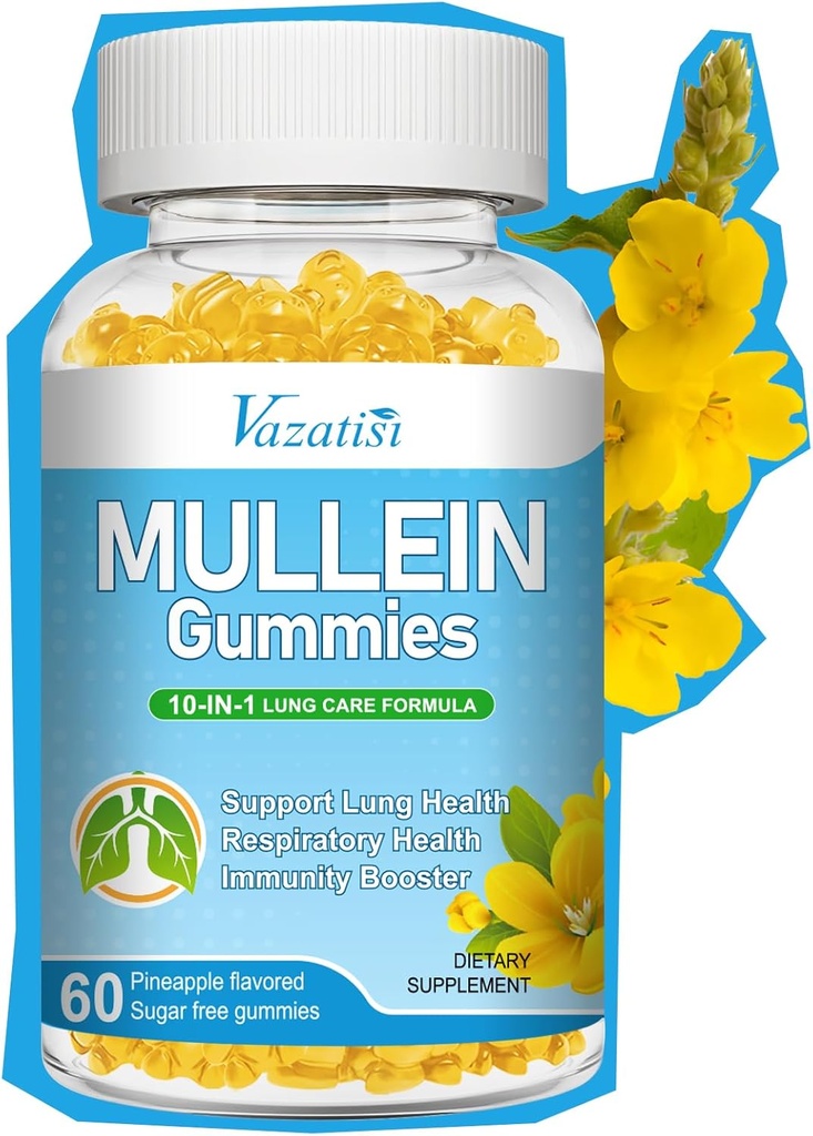 Lungs를 위한 1개의 Mullein Gummies, Bromelain, Quercetin, 마그네슘을 가진 Mullein 잎 추출물 - 건강한 호흡, 60ct를 위한 Lung Cleanse를 지원합니다