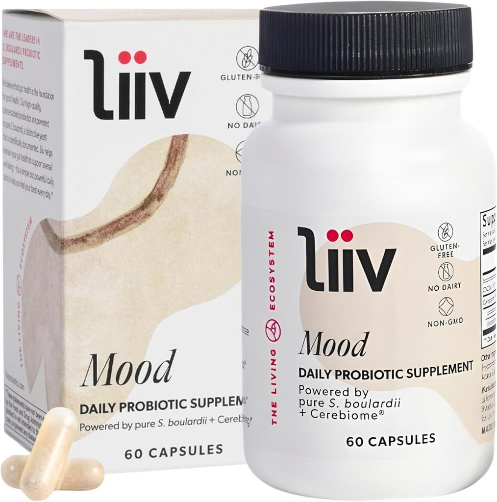 LiiV 무드 지원 보충교재 – 8억 CFU 남자 & 여자 Probiotic – 매일 무드 & 소화 지원 보충교재 – Saccharomyces boulardii & Cerebiome (60 모자)에 의해 강화되는 전체적인 몸 웰니스
