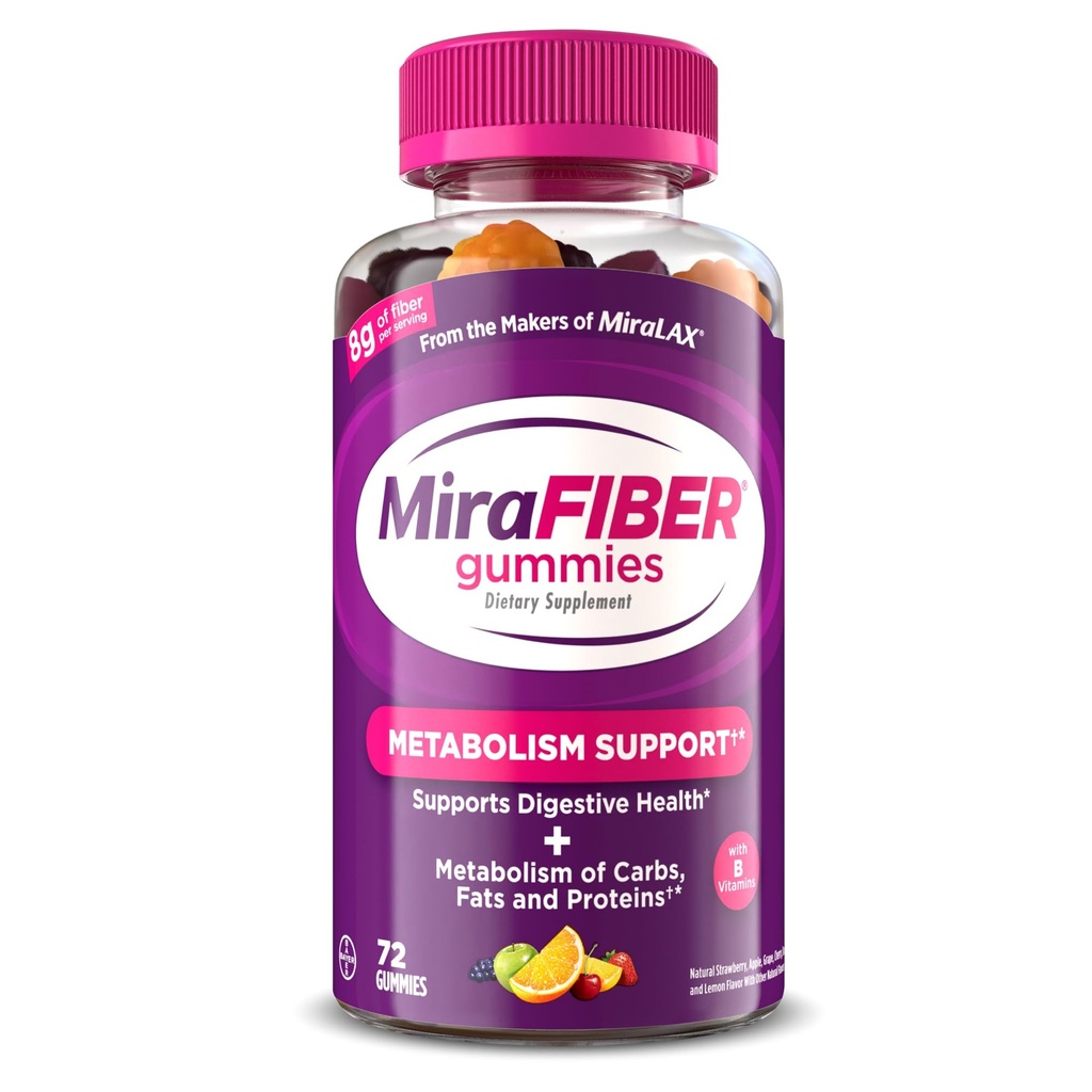 MiraFIBER는 MiraLAX의 제작자, 서빙 당 매일 섬유의 8g, B 비타민을 가진 Metabolism 지원, 남자 & 여자를 위한 Gut 건강, 성인을 위한 Prebiotic 섬유 Gummies, 혼합 과일 풍미 72Ct를 가진 Metabolism 지원